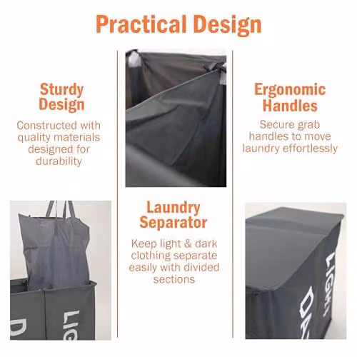 Libbi Lou Two Section Double Laundry Hamper with Removable Bags, Grey, W/D/H: 59 x 39 x 65 cm – 2