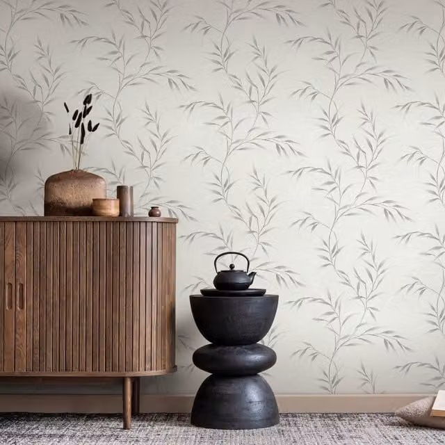 Erismann Grey Botanical Floral Modern Pre-pasted Vinyl Wallpaper Roll