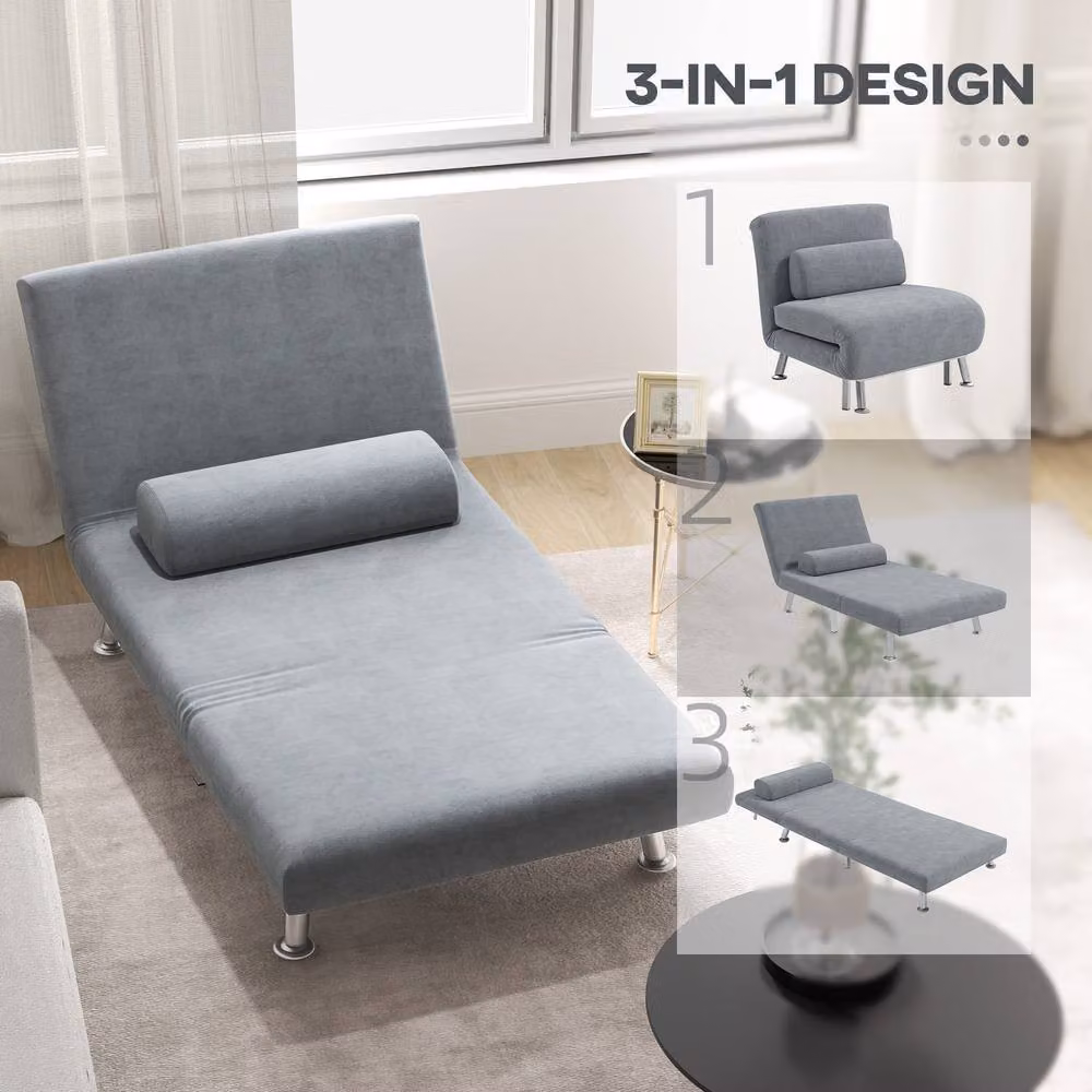 STILVORA 3-in-1 Sleeper Chair in Grey Velvet Fabric with Five-Position Back and Metal Frame – 4
