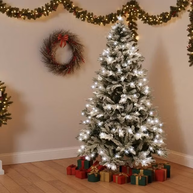 Shatchi Lapland Pre-Lit Artificial Christmas Tree with LED Cool White Lights and Snow Flocked Tips in Green, Height: 304.8 cm