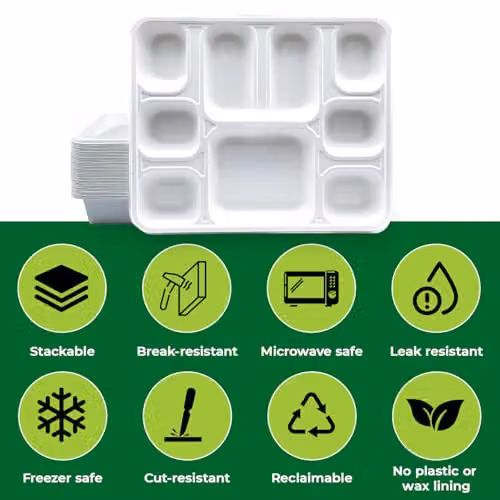 ECONX 9 Compartment Biodegradable Bagasse Plates, White, 50 Pieces – 2