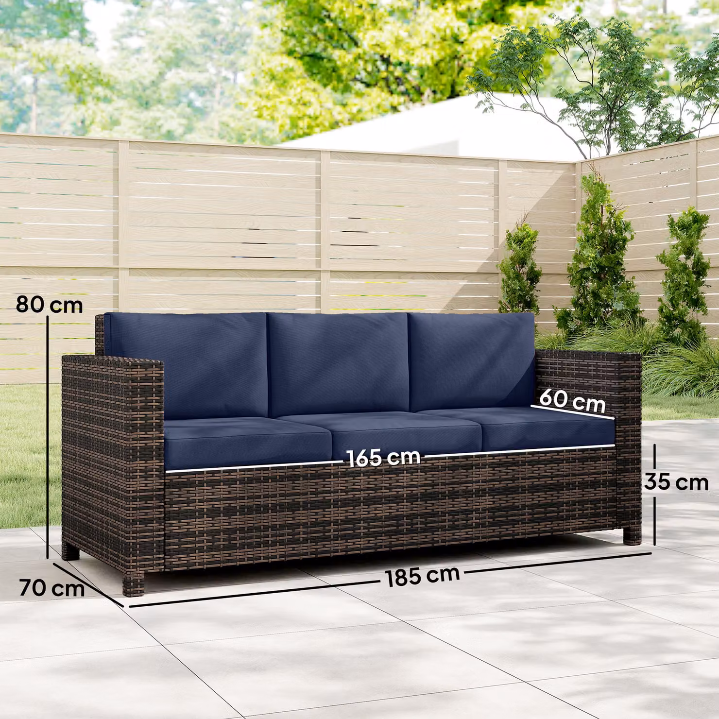 Outsunny 3 Seater Rattan Sofa with Powder Coated Steel Frame and Fire Resistant Blue Cushions – 3