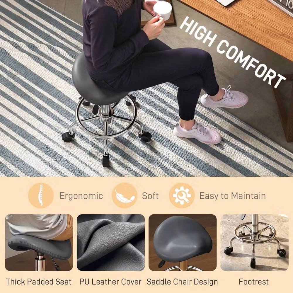 NESTLUNE Grey Saddle Chair with Castors and Synthetic Leather Seat – 5