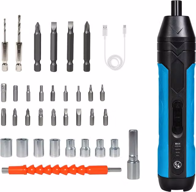 Traderight 37-Piece Cordless Screwdriver Set, 4V Rechargeable with 1500mAh Battery, 300RPM, Blue