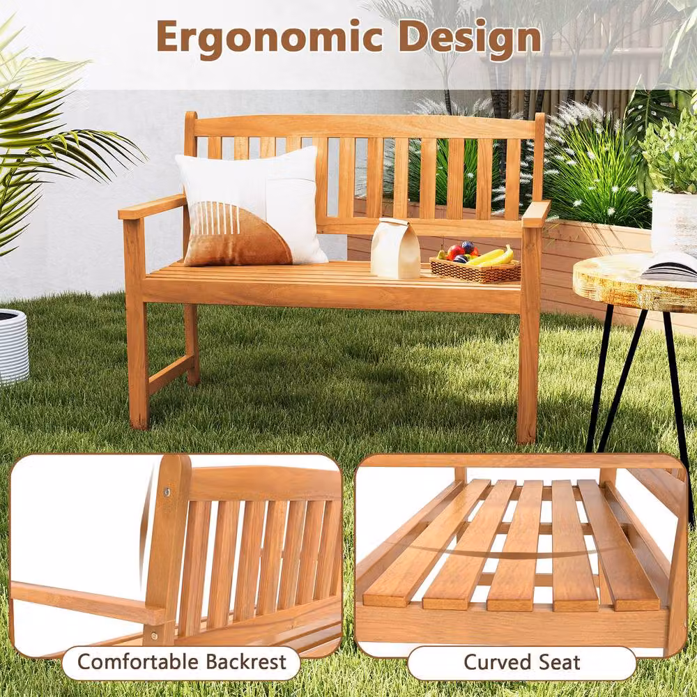 Gymax 2-Person Acacia Wood Outdoor Loveseat Bench with Armrests in Khaki – 4
