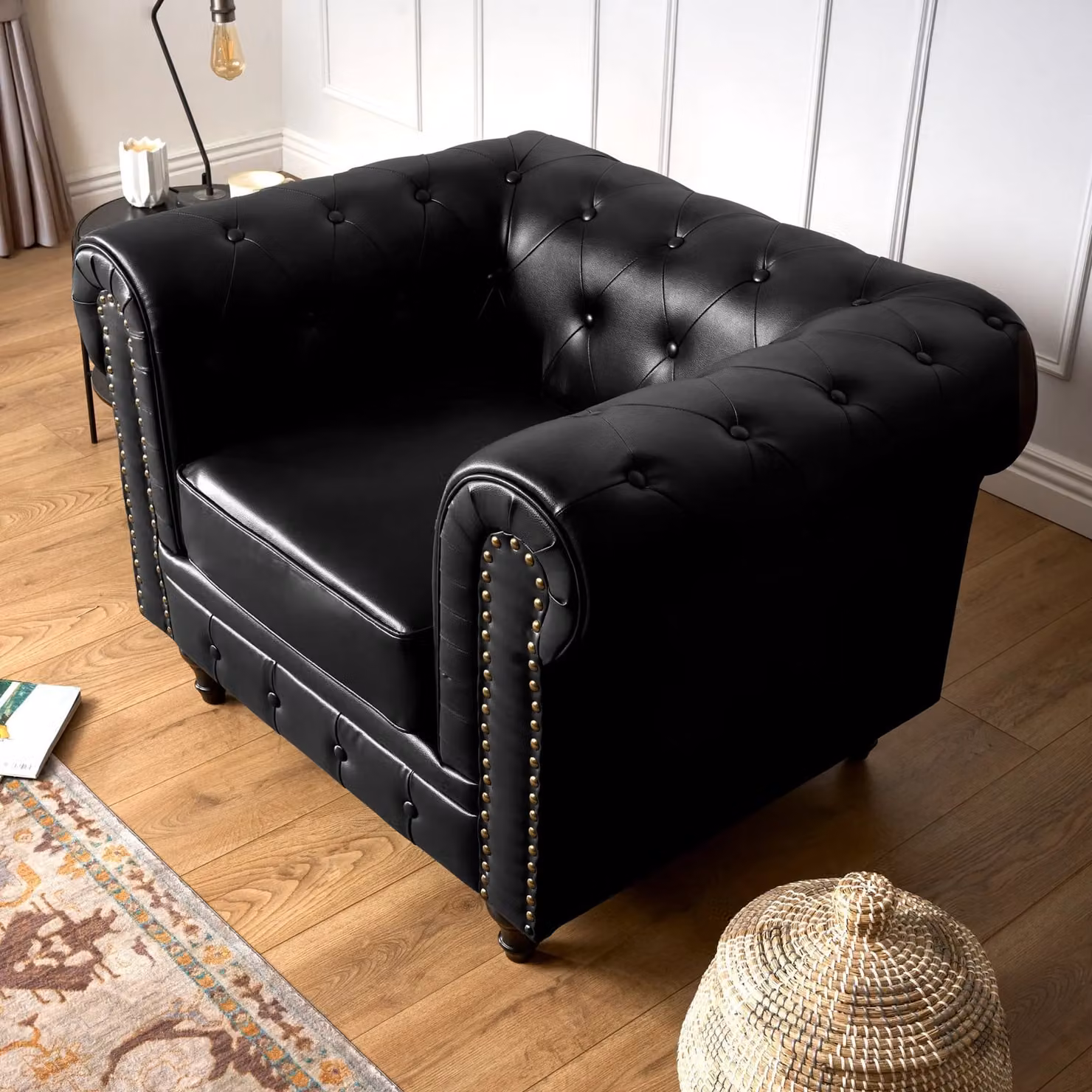 Bravich LTD Chesterfield Faux Leather Button-Tufted 1 Seater Armchair in Black – 4