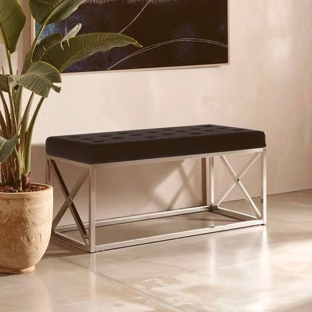 Orsina Allure Black Velvet Tufted Seat Bench with Silver Metal Finish
