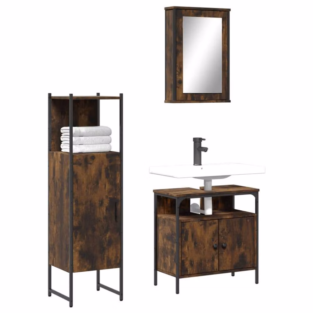 Berkfield Home 3 Piece Industrial Bathroom Furniture Set in Smoked Oak Brown – 2