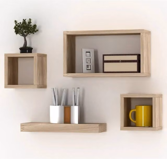 Kelvenix Set of 4 Wooden Floating Cube Wall Mounted Shelves in Light Brown
