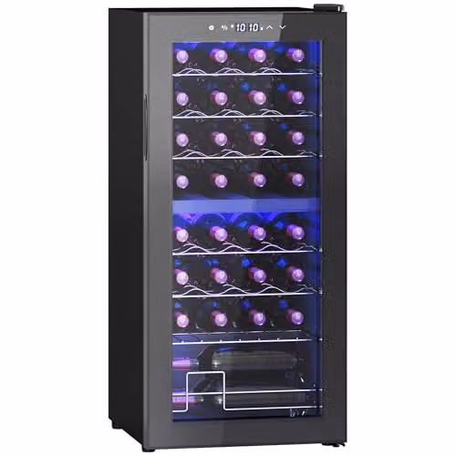 HOMCOM 86L Freestanding Wine Cooler in Black with 32 Bottle Capacity and LED Interior Light