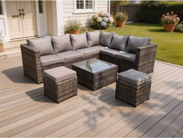 Fimous 8 Seater Grey Rattan Corner Sofa Set with Coffee Table and Galvanised Steel and Glass Details