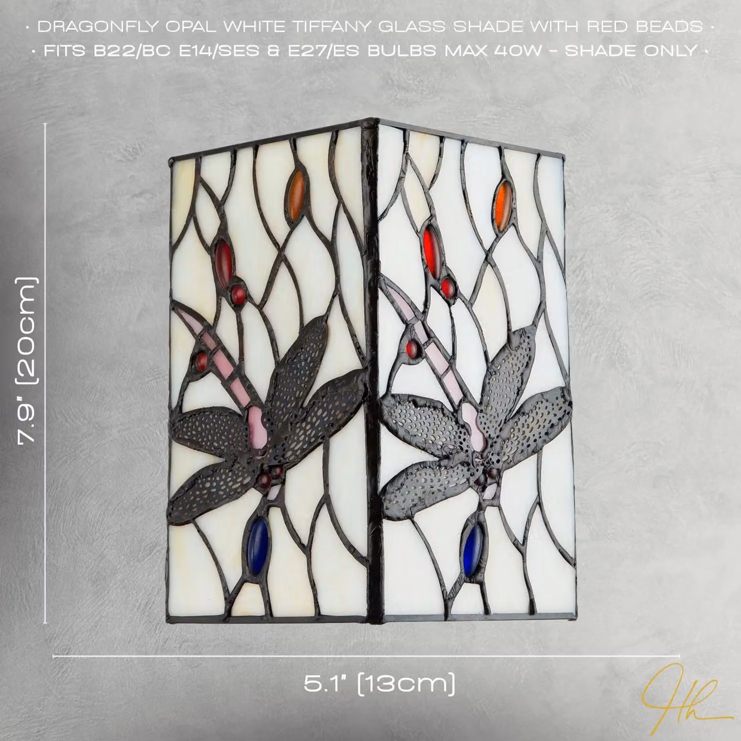 Happy Homewares White and Multicolour Stained Glass Dragonfly Rectangular Tiffany Pendant Light Shade – 5