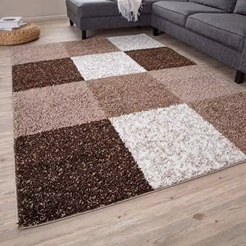 THE RUGS Modern Checked Shaggy Area Rug, Brown, W/D/H: 80 x 150 x 1 cm – 1