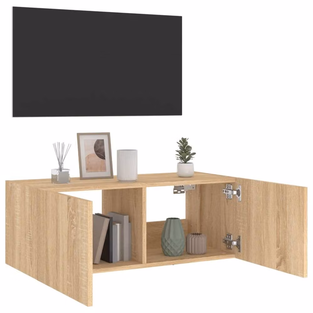 Berkfield Home TV Wall Cabinet with Integrated LED Lights in Sonoma Oak, W/D/H: 80 x 35 x 31 cm – 4