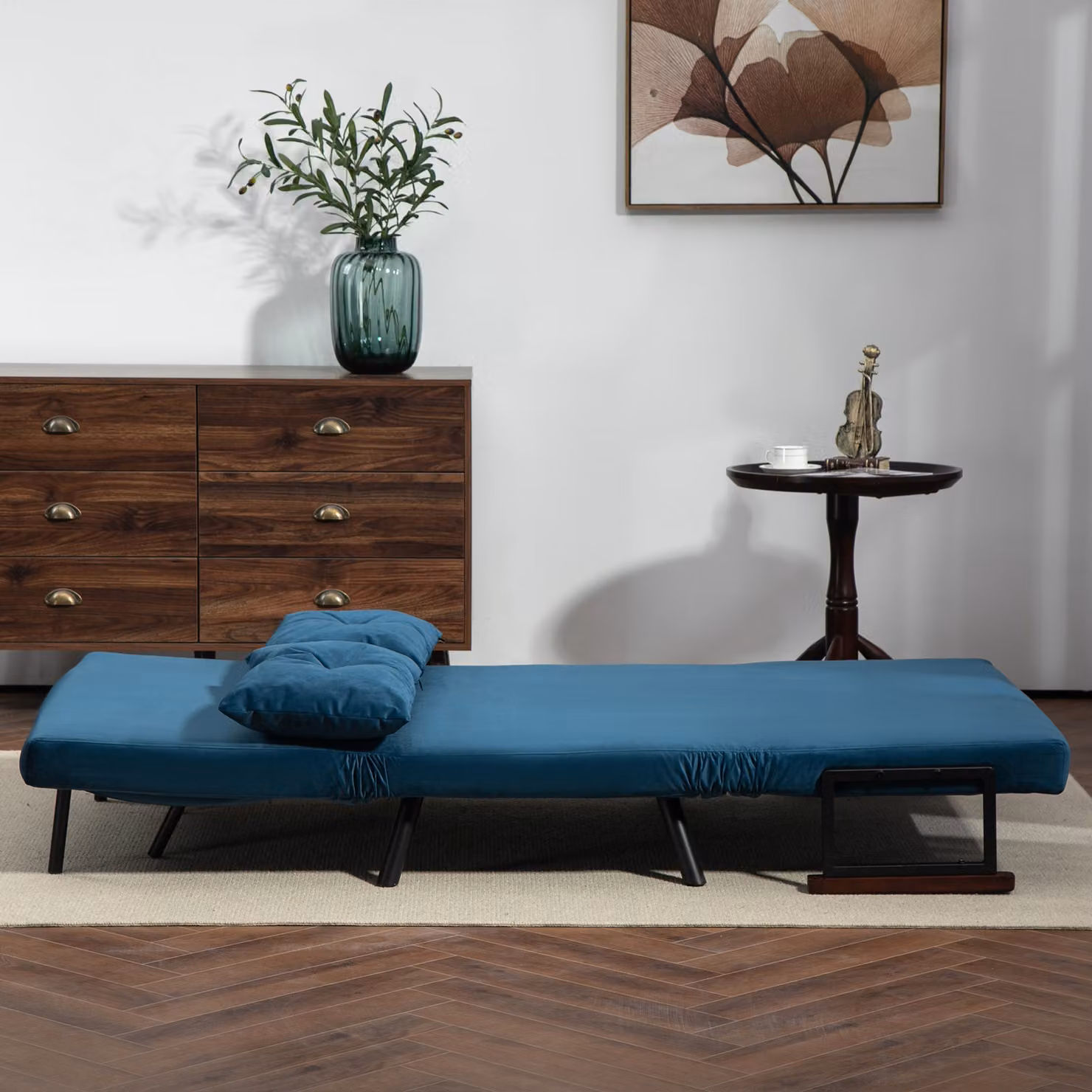 HOMCOM Click Clack Sofa Bed, Convertible 2 Seater Velvet Fabric Couch with 2 Scatter Cushions and Removable Covers, Navy Blue – 7