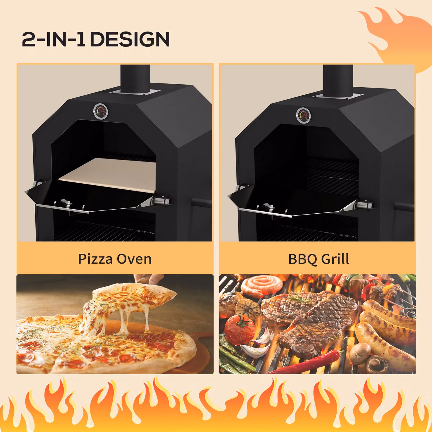 OUTSUNNY 2-in-1 Outdoor Charcoal BBQ Grill and Pizza Oven in Black with 3-Tier Freestanding Design, Rain Cover, Chimney, Thermometer and Bottom Shelf, H 158 x W 66 x D 45 cm – 4