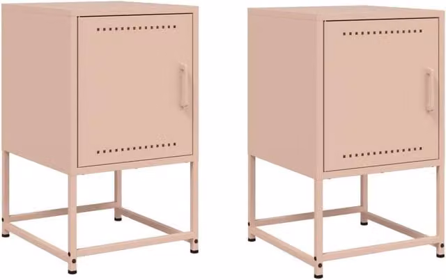 Berkfield Home Set of 2 Pink Metal Bedside Cabinets, W/D/H: 36 x 39 x 60.5 cm