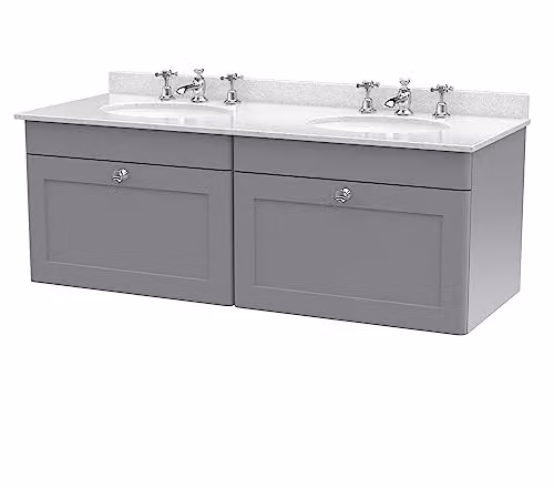nuie Classique Traditional Wall Hung Bathroom Vanity Unit with 2 Drawers, 3 Tap Hole Marble Top and Round Basin, Satin Grey and White, W: 122 cm, D: 50.9 cm, H: 47 cm