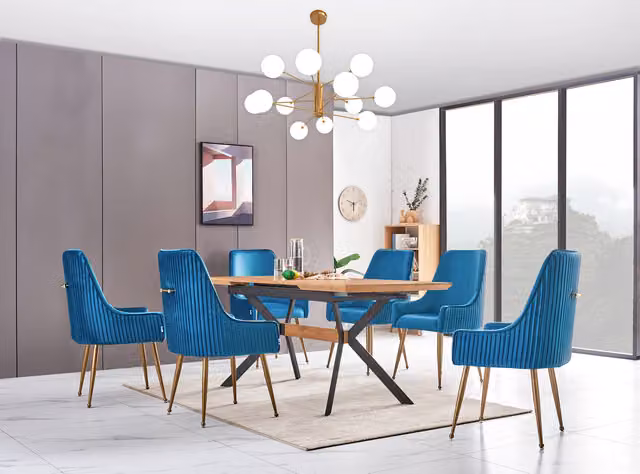Life Interiors Soho Blaze LUX Dining Set with Rectangular Drop Leaf Table and 6 Chairs in Blue, Black and Gold