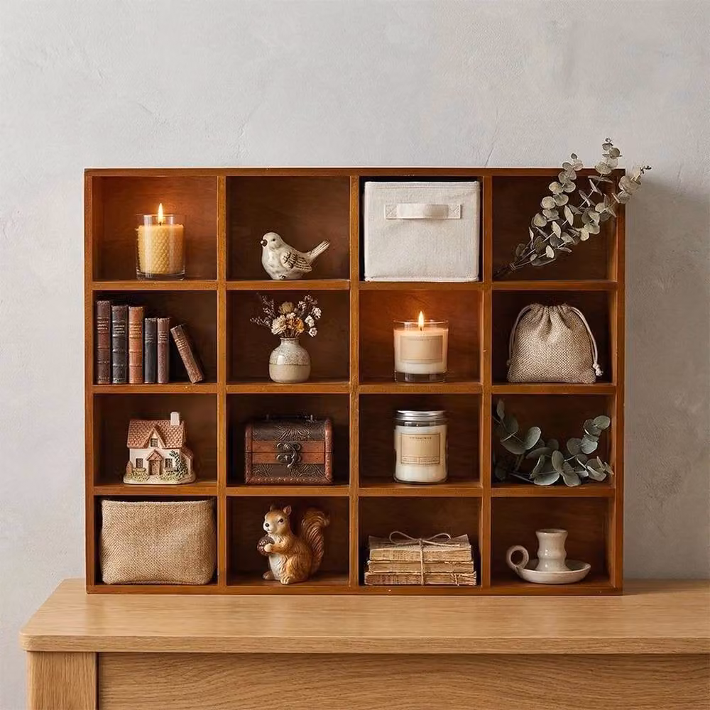 FORGEVIO 12-Cube Pine Wall Mounted Display Shelf with Back Panel in Brown Vintage Finish – 2