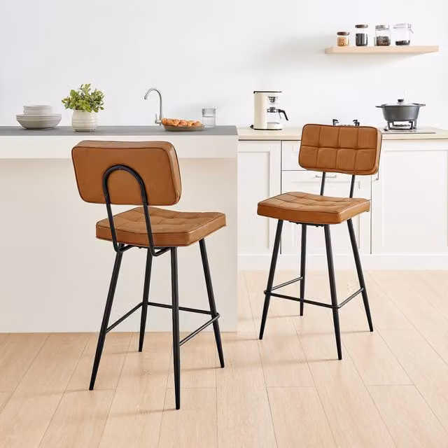 FurnitureboxUK Set of 2 Braxton Mid-Century Bar Chairs in Tan Synthetic Leather with Black Metal Legs