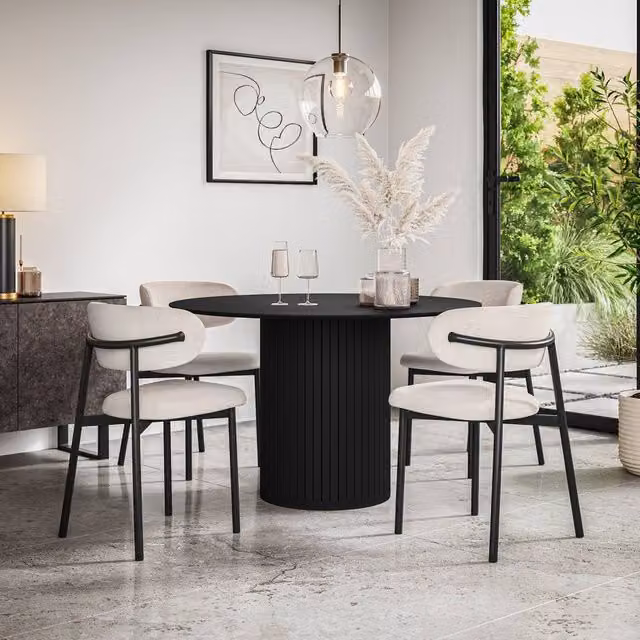 More4Homes Arlo Black Round Dining Table and Myla Beige Linen Dining Chairs Set of 4, W: 120 cm, H: 75 cm