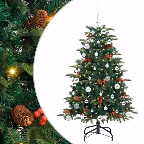 vidaXL Artificial Christmas Tree with 150 LEDs and Stand, Green and Silver, Height: 150 cm