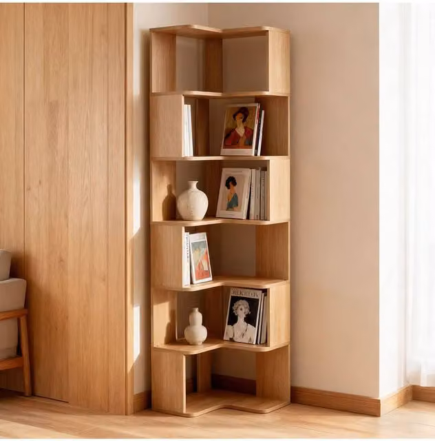 Living and Home 6-Tier L-shaped Corner Wooden Storage Shelf in Light Oak – 1