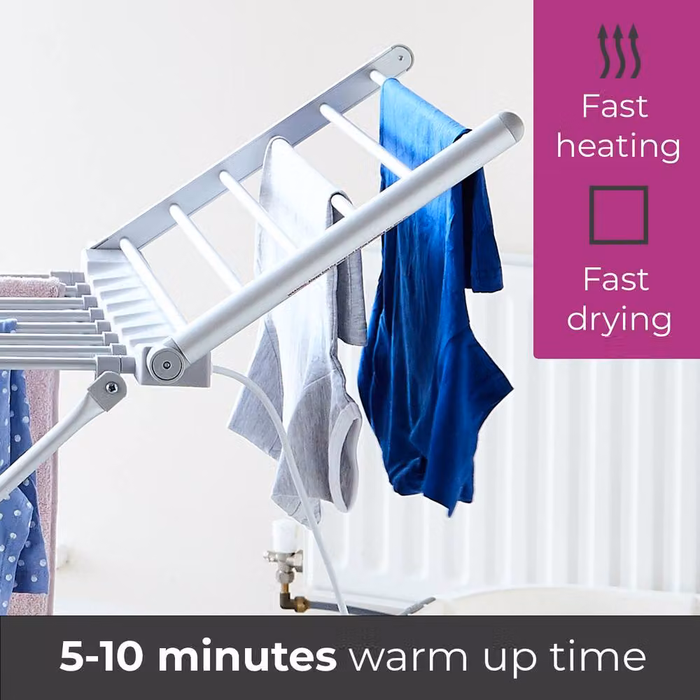 Neo Electric Heated Winged Airer Clothes Dryer Rack in Silver Aluminium, H 147 cm x W 94 cm x D 42.1 cm – 2