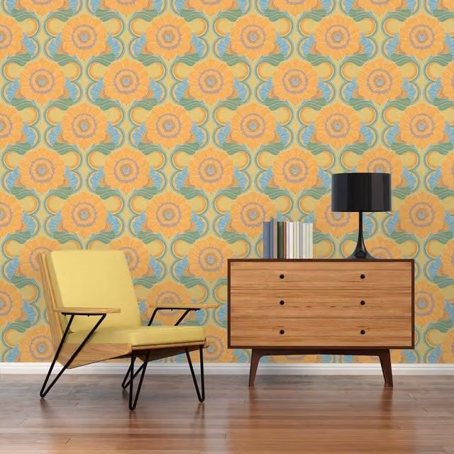 A.S. Création Retro 70s Floral Botanical Wallpaper in Yellow, Green and Blue
