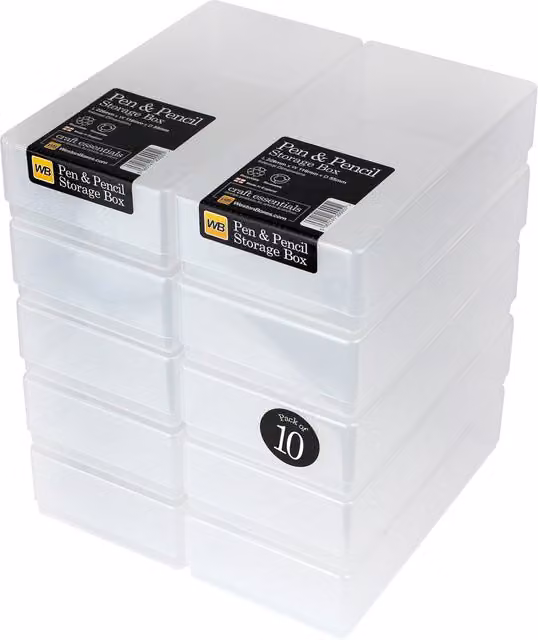 WestonBoxes Plastic Stationery Storage Boxes with Lids, 1.4 Litre Volume (Clear, Pack of 10)