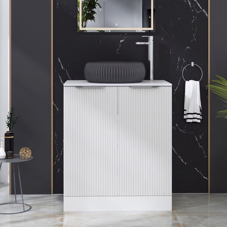 Royal Bathrooms Evora 700mm Matt White Fluted Floor Standing 2 Door Vanity Unit with Milan Black Stone Basin