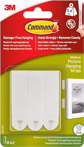 3M Command Medium Double Sided Picture Hanging Strips, White, 2 Packs of 4 Sets