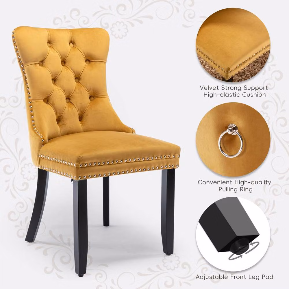 HomeTouch Romsey Set of 6 Yellow Velvet Upholstered Dining Chairs with Oak Legs and Knocker Ring Back – 3