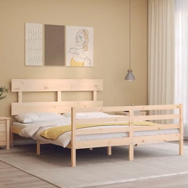 Berkfield Home Solid Wood Bed Frame with Headboard in Brown and Sand, W/D/H: 160 x 200 cm