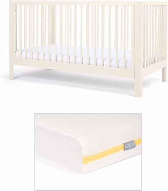 Mamas & Papas Arbor Cotbed and Essential Airflow Fibre Mattress Bundle, White, W/D/H: 140 x 70 x 70 cm