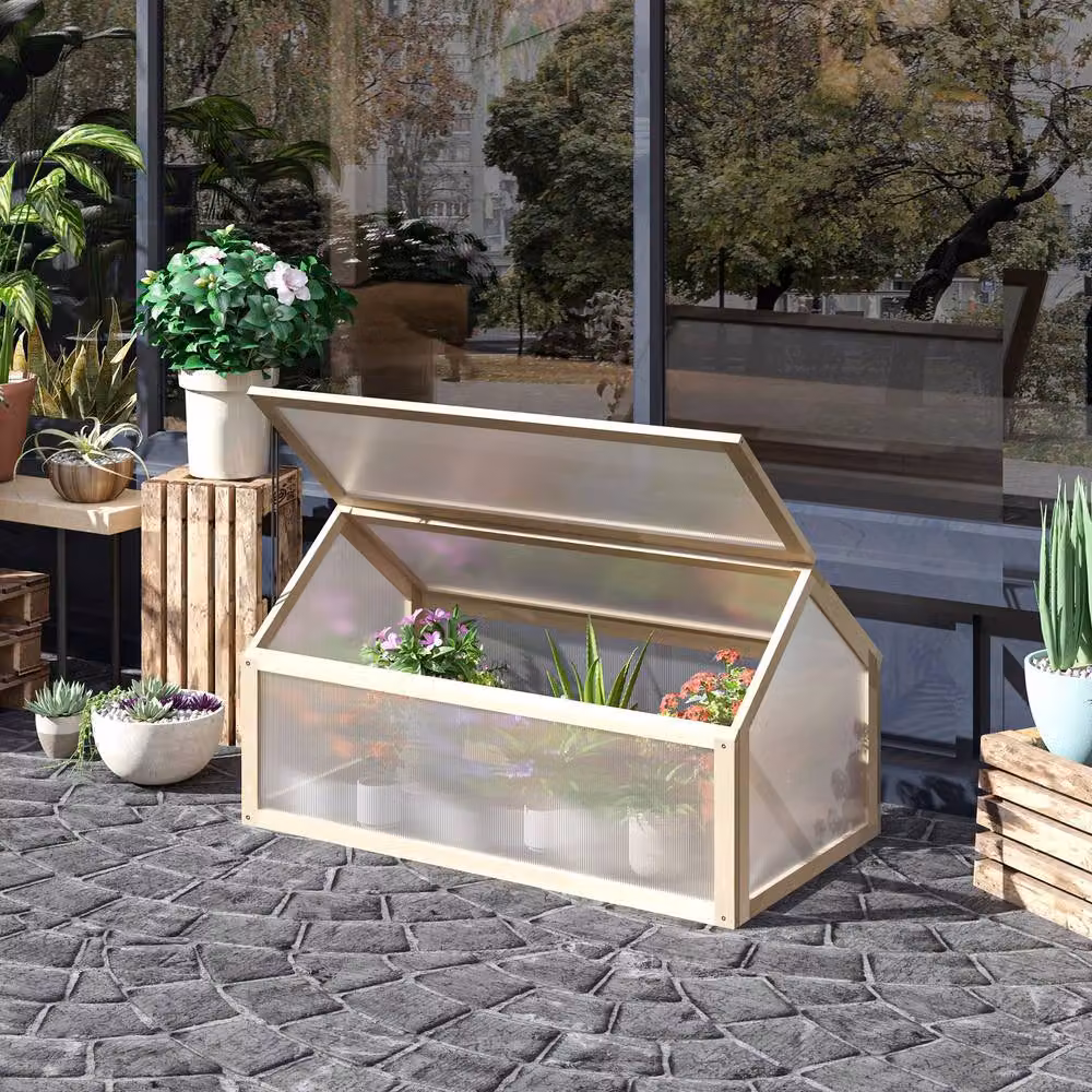 STILVORA Cold Frame Greenhouse with Openable Top in Natural Wood and Transparent Polycarbonate, W/D/H: 90 x 52 x 49.5 cm – 2
