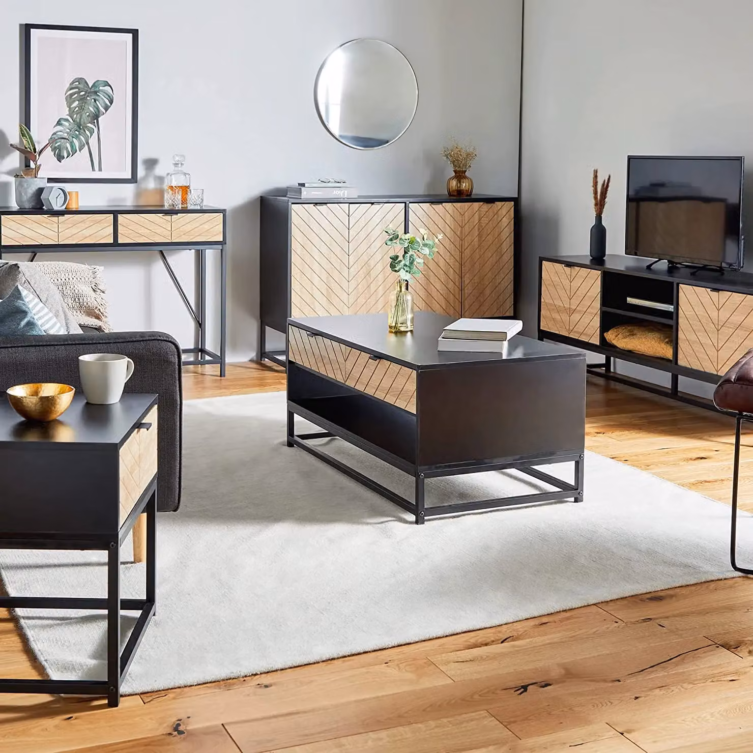 VonHaus Dalton Chevron Wood Effect 4 Door Living Room Sideboard in Black, W: 120 cm, D: 40 cm, H: 75 cm – 3