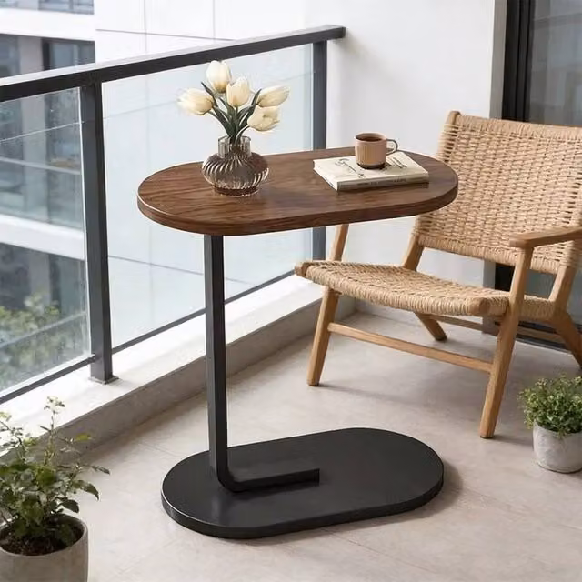 EONLION Black Walnut C-Shaped Sofa Side End Table, Brown
