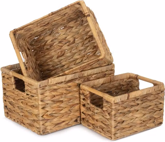 Red Hamper Set of 3 Nordic Water Hyacinth Storage Baskets in Brown and Red