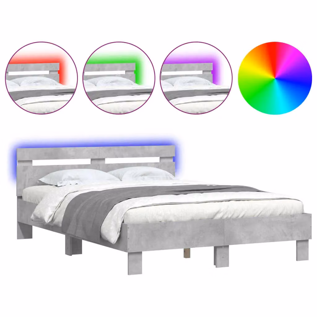 Berkfield Home Double Bed Frame with LED Under-Bed Lighting and USB Charging Port, Concrete Grey, W: 135 cm, L: 190 cm – 2