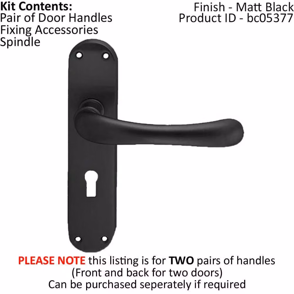Loops 2x Pair Smooth Rounded Handle on Shaped Lock Backplate, Matt Black, W: 18.5 cm, H: 4.2 cm – 2