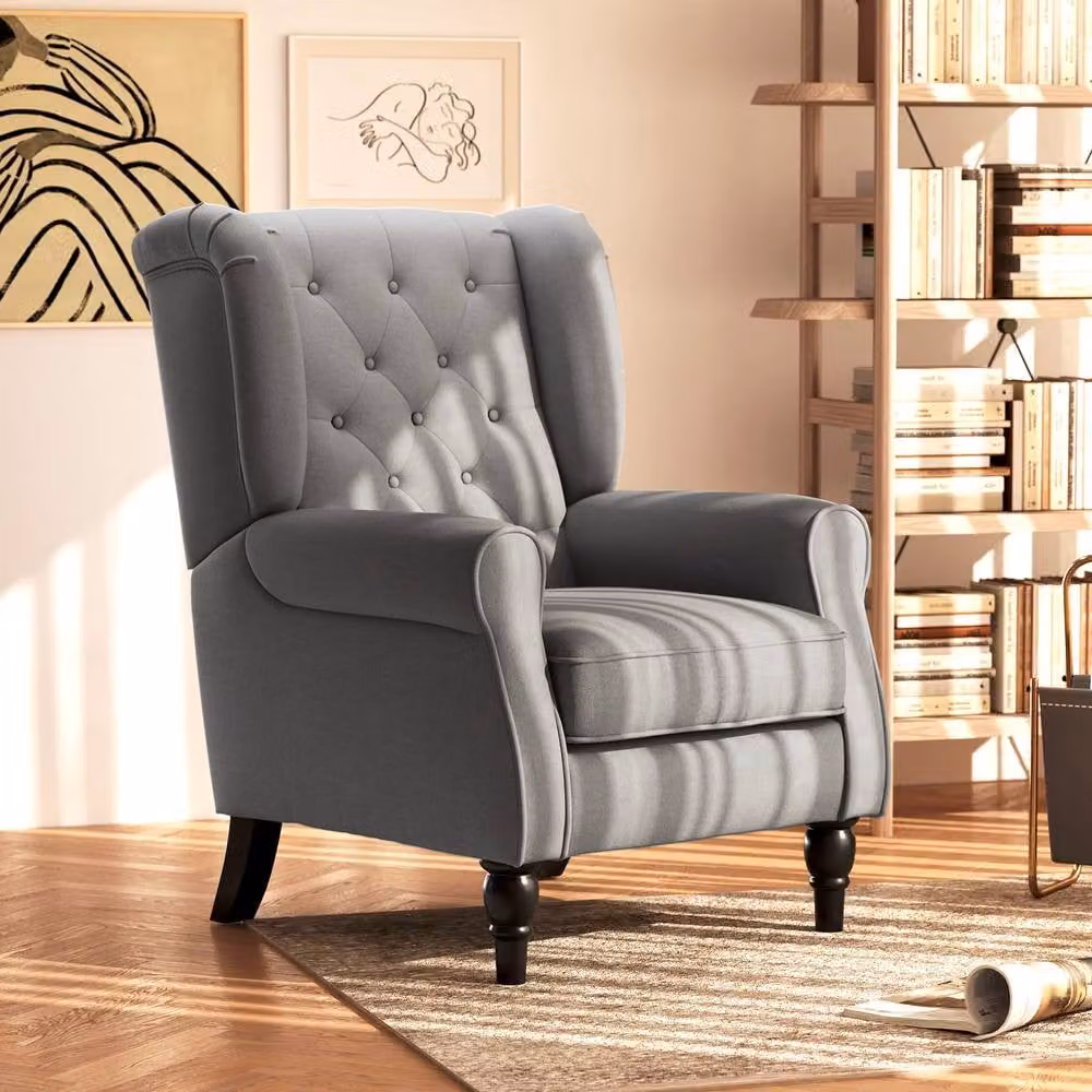 ERGOVEXA Retro Fabric Accent Chair in Grey with Solid Wood Frame, H 86 cm x W 74 cm x D 102 cm – 3