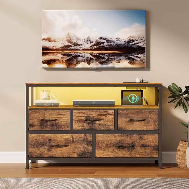 The Bazaarist 5 Drawer LED Chest Charging Station in Brown with USB Ports and Integrated Under-Bed Lighting