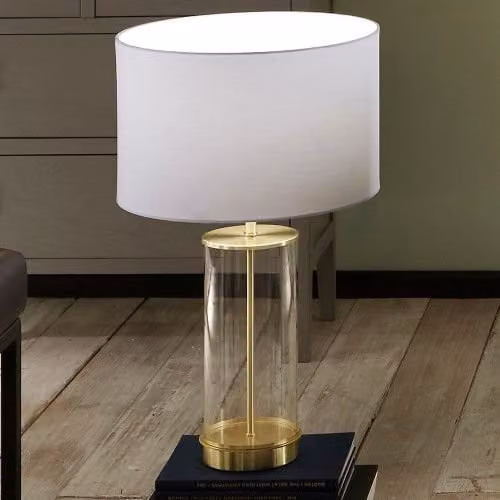 Ruma Glass Cylinder Table Lamp with Gold Detail and White Fabric Lampshade – 1