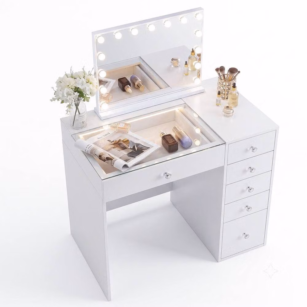 FENCHILIN 6-Drawer Modern Dressing Table with 15 LED Hollywood Mirror in White – 2