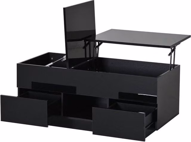 KORVIXA High Gloss LED Lift Top Coffee Table in Black, W: 100 cm, D: 43 cm, H: 50 cm – 1