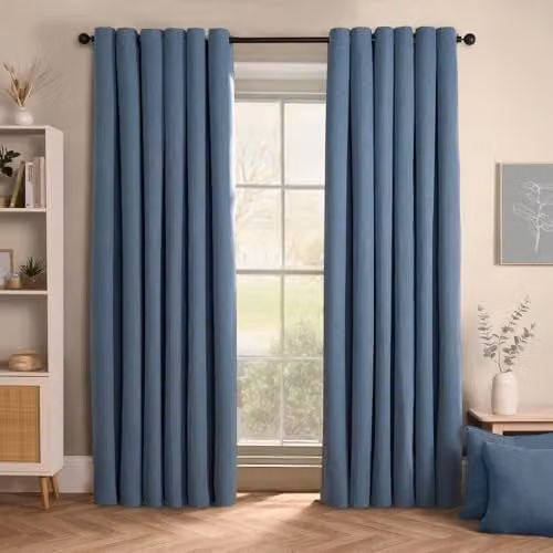 OHS Blue Blackout Eyelet Curtains with Woven Texture and Thermal Insulation, W/D/H: 167 x 137 cm