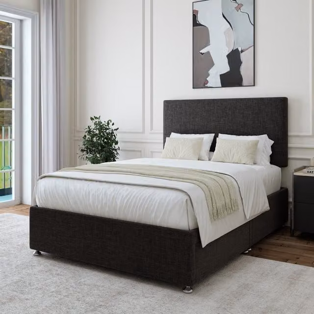 Bedmaster Upholstered Linen Divan Base with Storage Drawers and Plain Headboard in Grey, 180cm