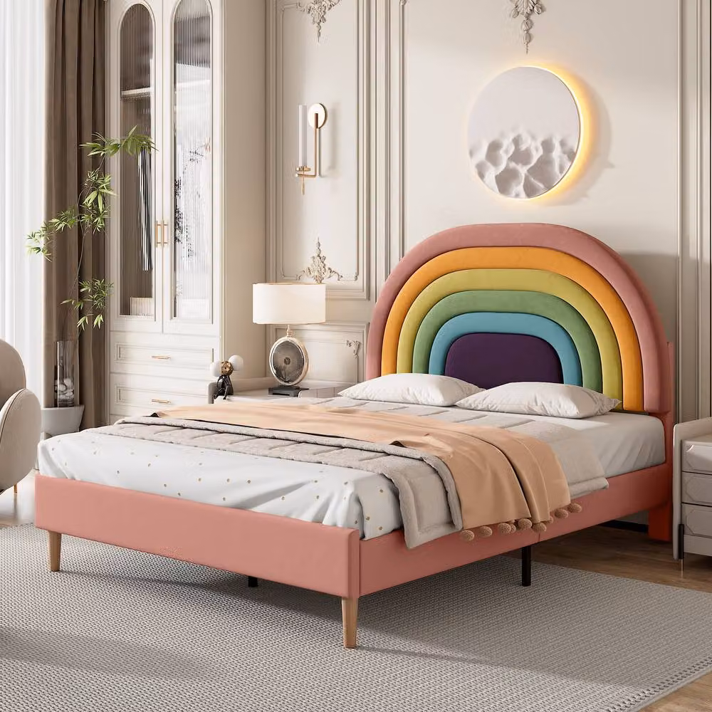 ModernLuxe Pink Velvet Upholstered Kids Bed with Slatted Frame, W/D/H: 140 x 200 cm – 2